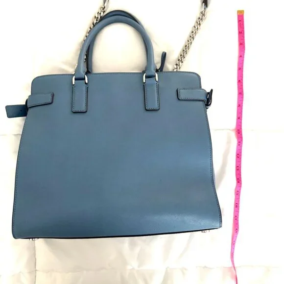 Michael Kors Tote Bag Emma Satchel Shoulder Crossbody Blue Pockets Leather - Picture 7 of 14